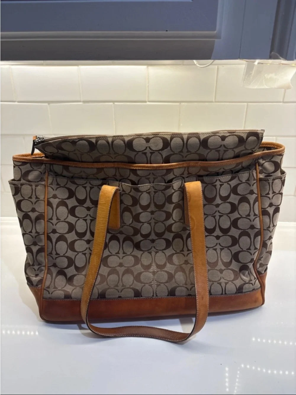Coach Beige Signature Canvas Tote with Brown Leather Trim